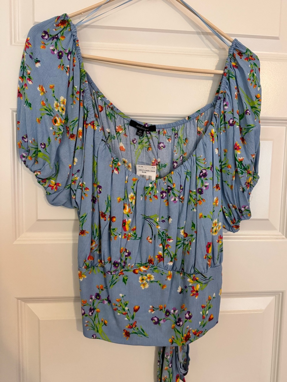 Ambiance Light Blue Floral Puff-Sleeve Peasant Top